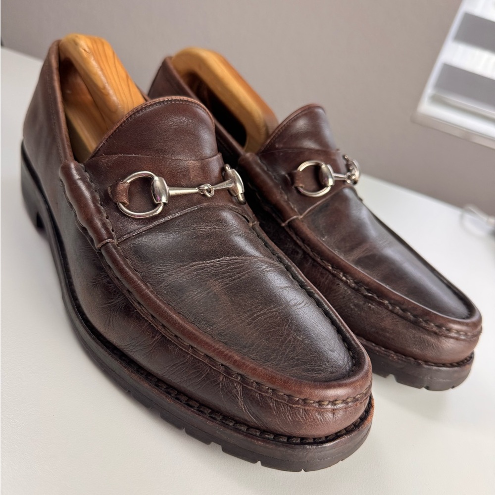 Gucci Horsebit Men's Brown Leather Silver Tone Metal Loafers Shoes 10.5